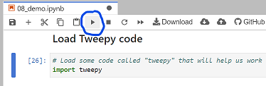 a screenshot of this page viewed in jupyter_lab,with the triangle "run" button circled. Next to it are a square "interrupt the kernal" button and other options