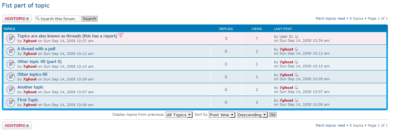 Screenshot of a newer BBS system. White screen with a table layout of threads that can be clicked on to view. In this particualar example, all the threads are fake demo ones like "First topic", "Another topic" etc.