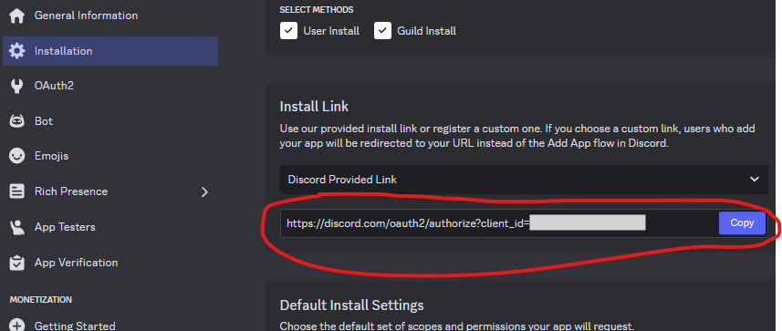 In the Install tab, under 'install link' is the 'Discord Provided Link', with 'copy' highlighted.