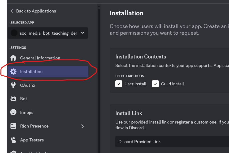 Screenshot of discord developer application screen with the Install tab selected.