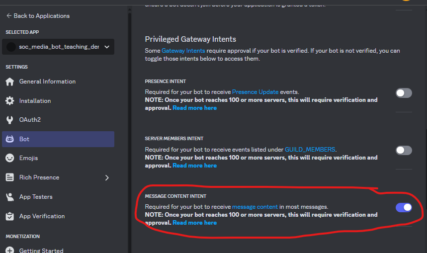 Screenshot of discord developer application screen with the Bot tab selected and within there, under 'Privileged Gateway Intents' the 'Message Content Intent' is enabled.