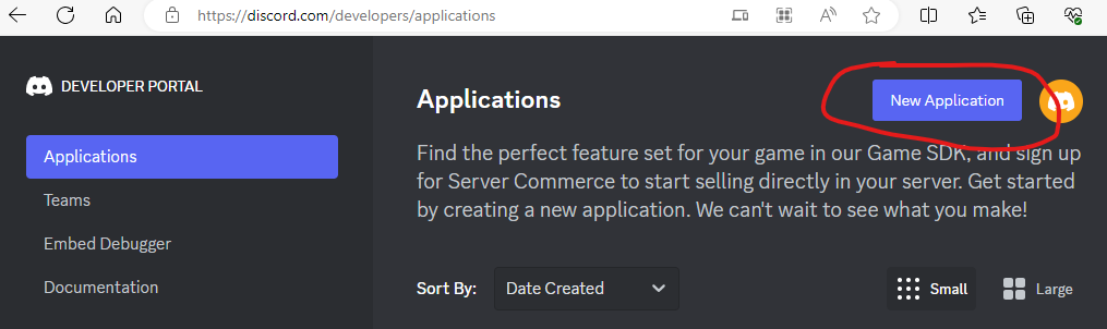 Screenshot of the discord developer panel, with the "application" tab open, and the "New Application" button circled.