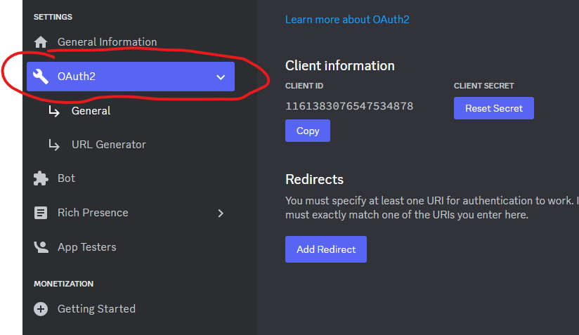 Screenshot of discord developer application screen with OAuth2 General tab selected.