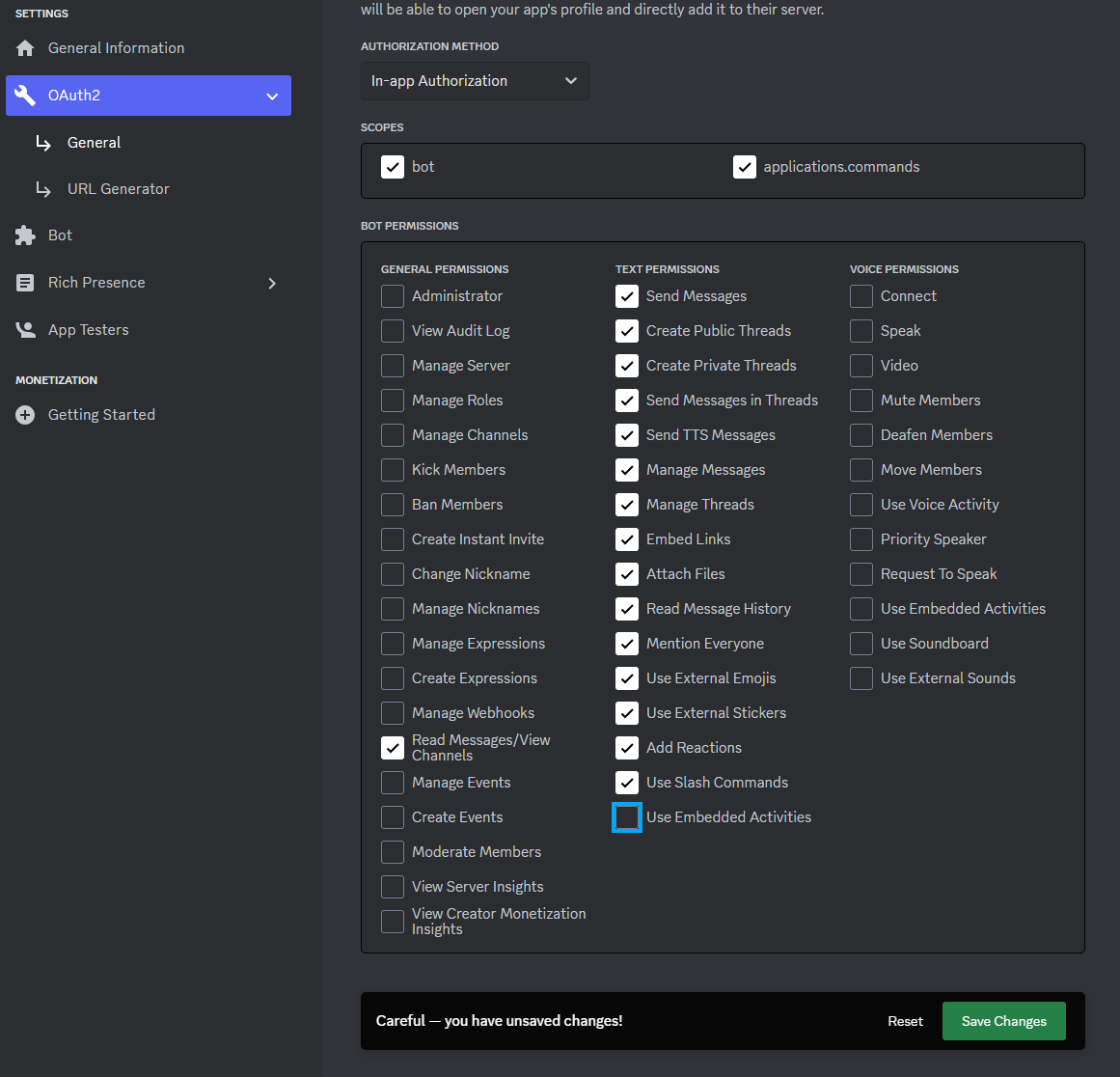 Screenshot of discord developer application screen with OAuth2 General tab selected. In the Scopes section, both "bot" and "applications.commands" options selected. In the Bot Permissions section, under "General Permissions" one option is selected: "Read Messages/View Channels", under "Text Permissions" all options are selected except for "Use Embedded Activities", and under "Voice Permissions" no options are selected.