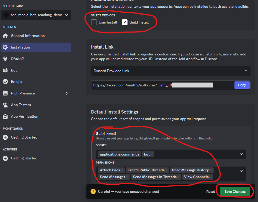 In the Install tab, under 'select methods' only 'Guild Install' is selected. Then below in 'Default Install Settings' under 'Guild Install' the scopes selected are 'application.commands' and 'bot'. Under permissions are 'Attach Files', 'Create Public Threads', 'Read Message History', Send Messages', 'Send Messages in Threads' and 'View Channels'.