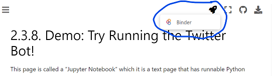screenshot of this page in the online textbook, with the launch binder link highlighted under the rocket button at the top.