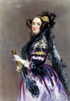 painting of Ada Lovelace, with intricate and fancy hair and purple dress