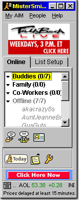 The AIM interface. Shows lists of connections grouped into groups like "Buddies", "family", "co-workers", and it shows a list of connections that are currently offline.