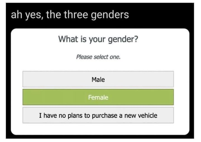 image that says "ah yes, the three genders" and below it is a screenshot of a form that says "What is your gender? Please select one." and the options are: "Male", "Female", and "I have no plans to purchase a new vehicle"