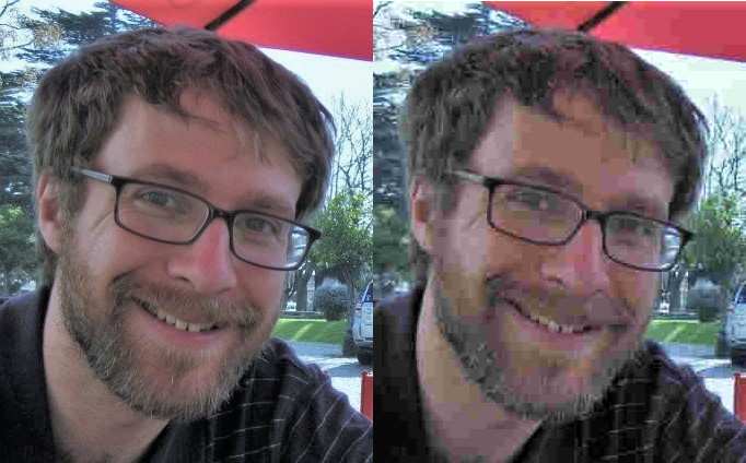 Two identical side-by-side photos of the author of Kyle Thayer, but the one on the right is highly compressed, making it look somewhat blocky and colors are a little off, and it is noisy.