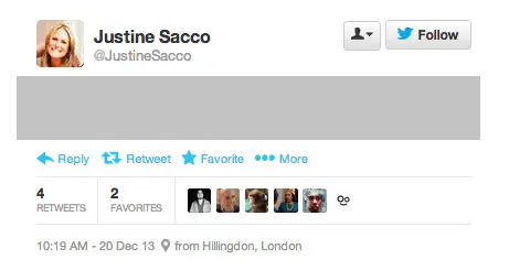 Screenshot of Sacco's tweet, with the text grayed out. Twitter's interface has: user name and image, options for Reply, Retweet, Favorite and More; Counts of Retweets and Favorites; and time (10:19 am - 20 Dec 13) and location (Hillingdon, London)