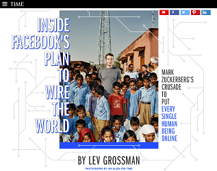 Title screen of article, with the title and subtitle on the sides (Inside Facebook’s Plan to Wire the World: Mark Zuckerberg is on a crusade to put every single human being online), and in the middle a photo of the white Mark Zuckerberg, towering over a crowd of brown (and presumably poor) children in India.